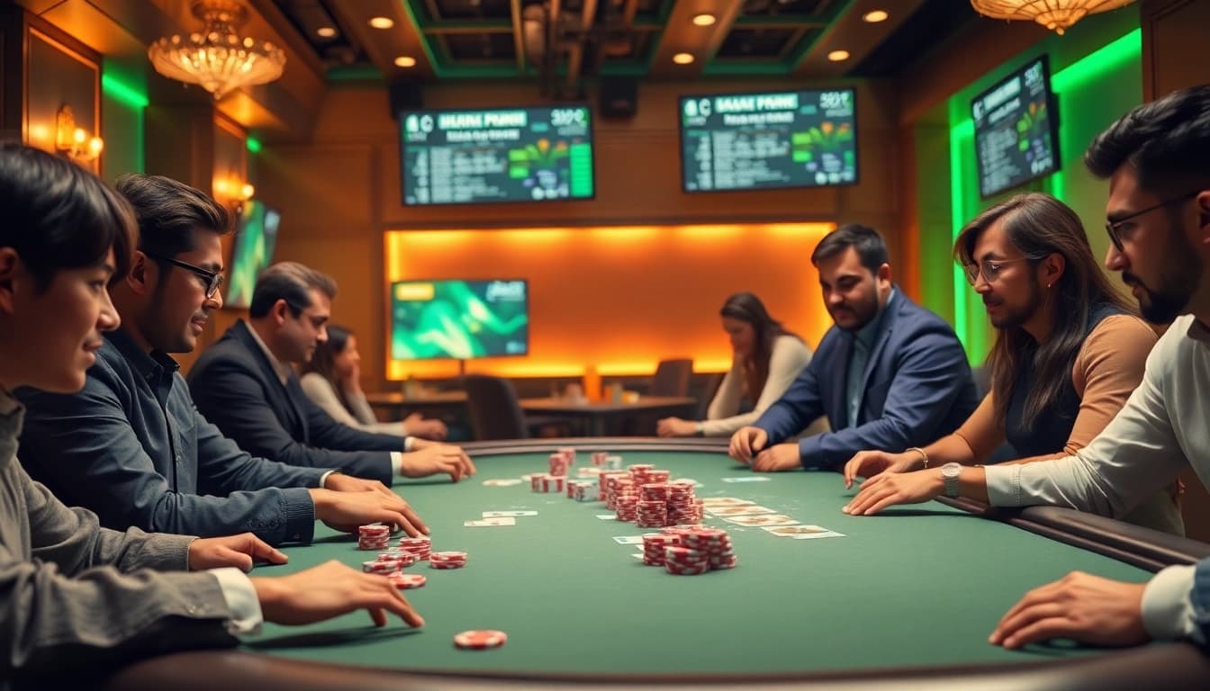 Experience the thrill of Idn Poker with intense players and vibrant poker chips in a luxury setting.