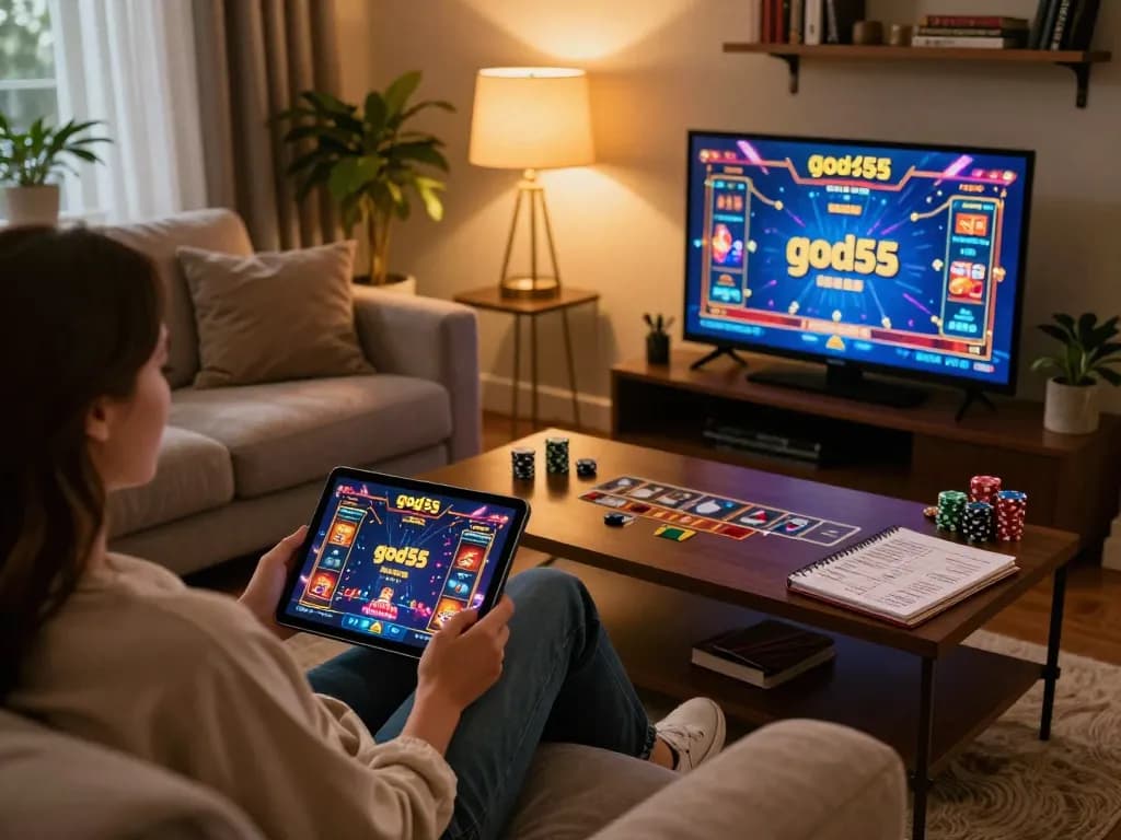 Person enjoying god55 online gaming on a tablet at home, surrounded by poker chips and strategy notes.