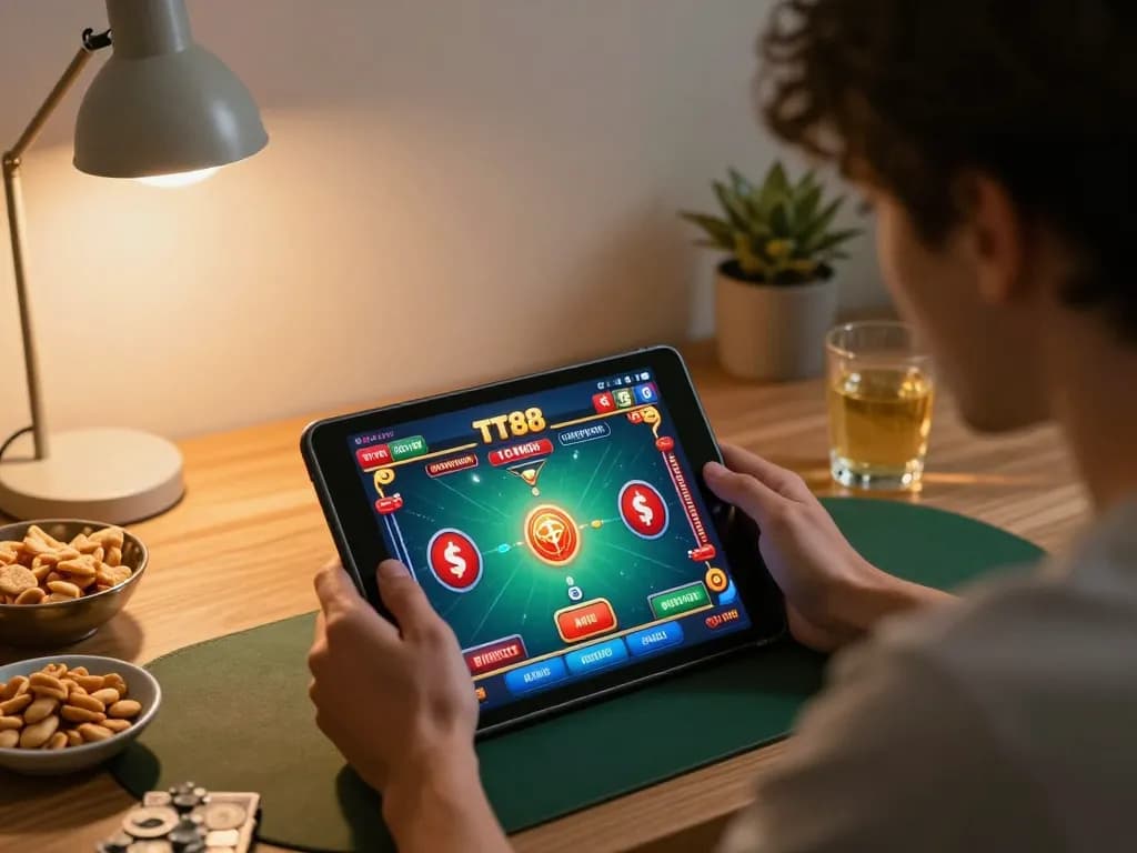 Player engaged in TT88 mobile casino games, focused on tablet amidst a cozy gaming environment.