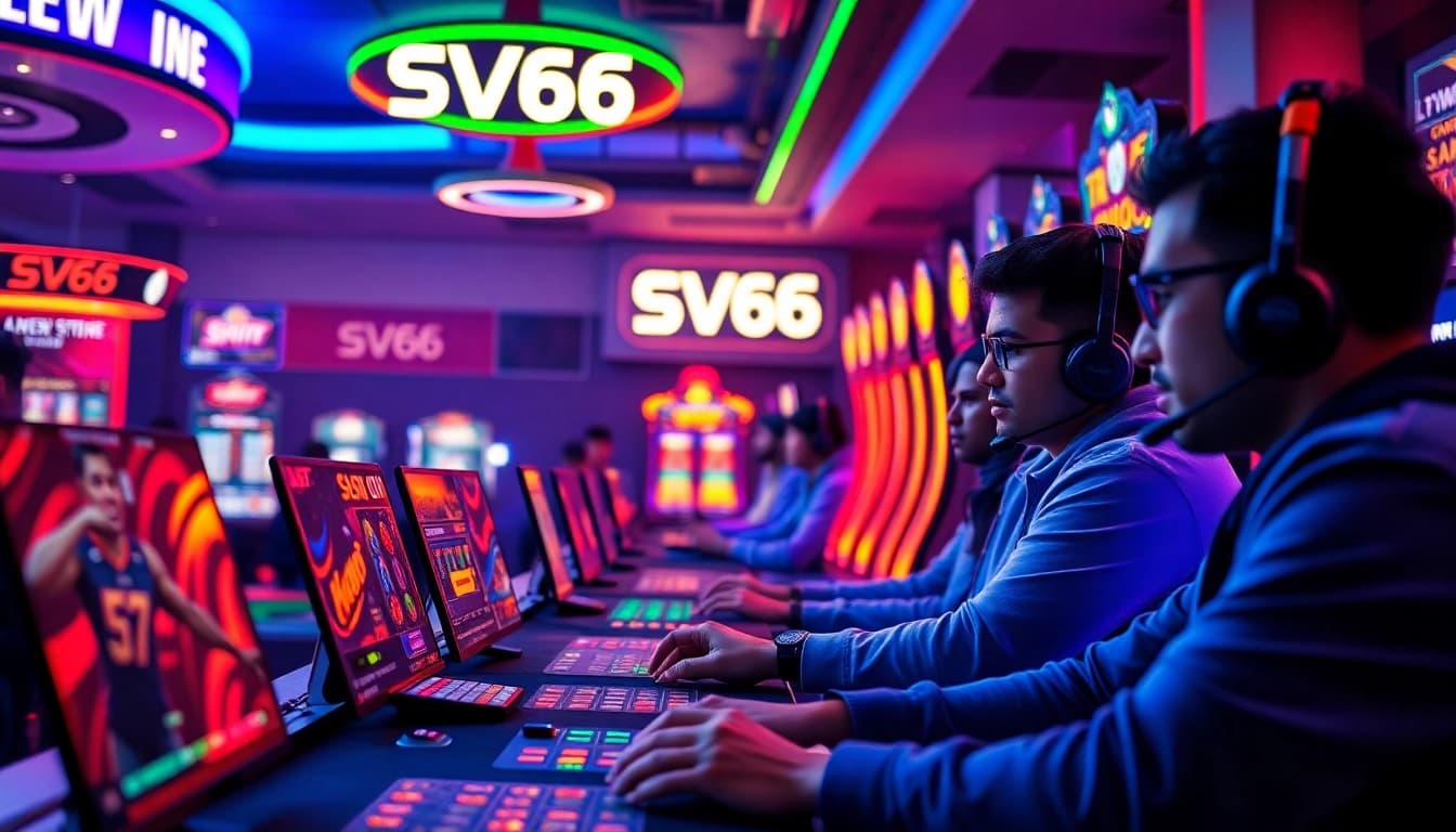 Exciting online gaming atmosphere with SV66 branding, vibrant casino games, and engaged players.
