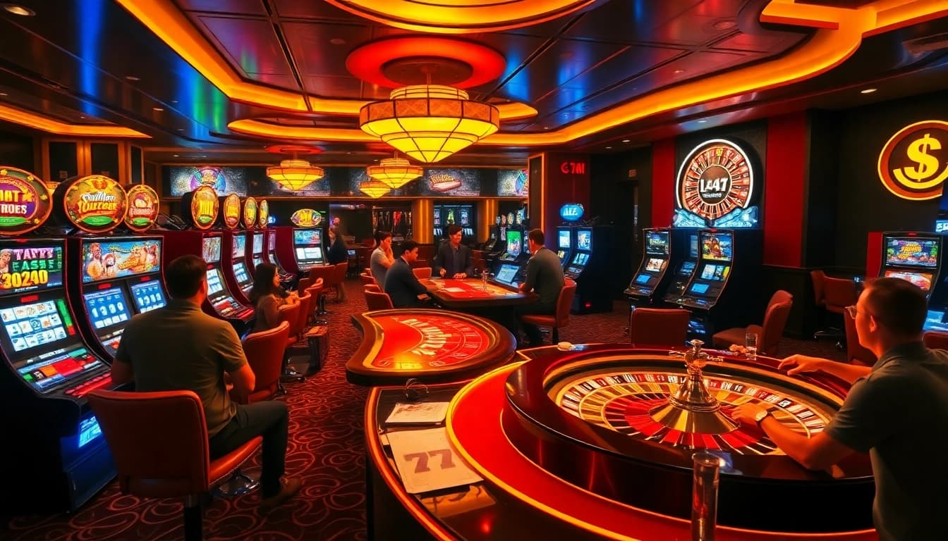 L444 casino players enjoying vibrant slot machines and poker tables with exhilarating excitement.