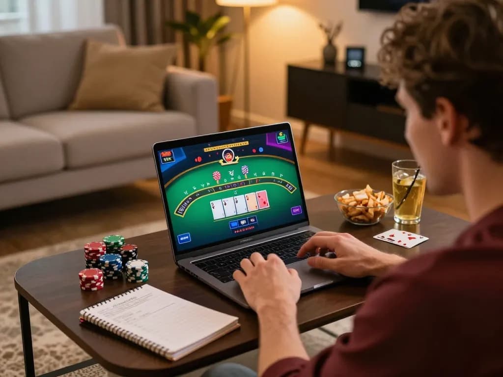 Player enjoying online blackjack at home while utilizing cm88's gaming platform for strategies and fun.