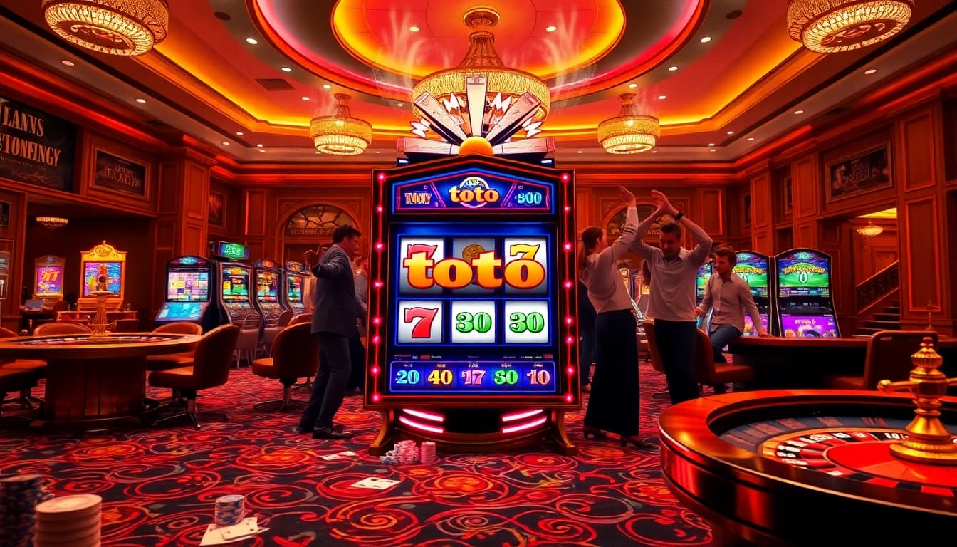 Pemain merayakan kemenangan besar di mesin slot toto dalam setting kasino yang mewah.