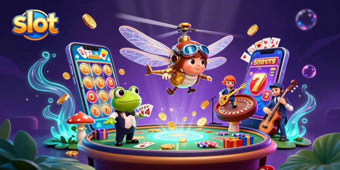 Memenangkan slot dengan simbol jackpot dan kartu berputar di kasino ilusi