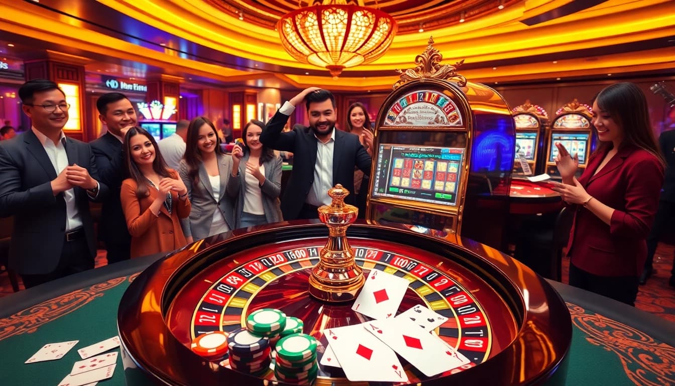 Gambler celebrating a win at F168 casino with roulette wheel and poker chips.