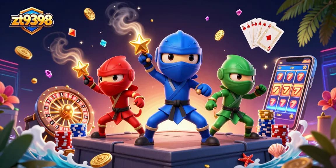 Experience zt9398 with vibrant casino elements and ninja chameleons in action-packed 3D art.