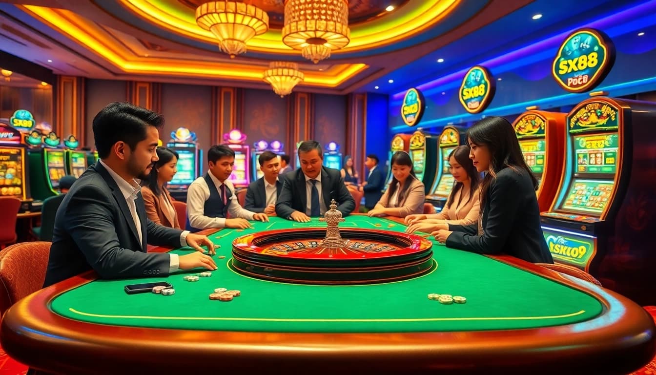 Player engaging in a thrilling casino game at sx88, surrounded by a luxurious and vibrant atmosphere.