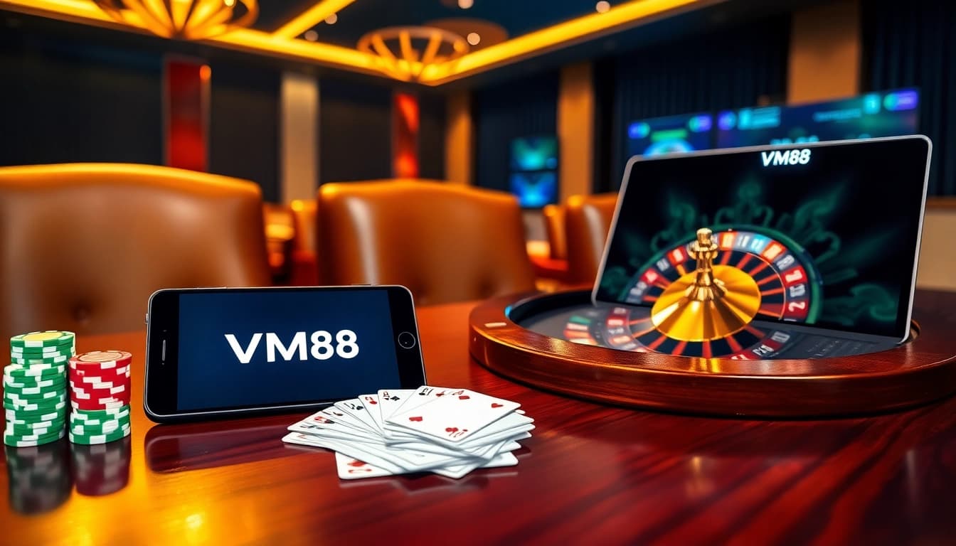 VM88 online casino showcasing strategic gameplay with poker chips and roulette wheel in action