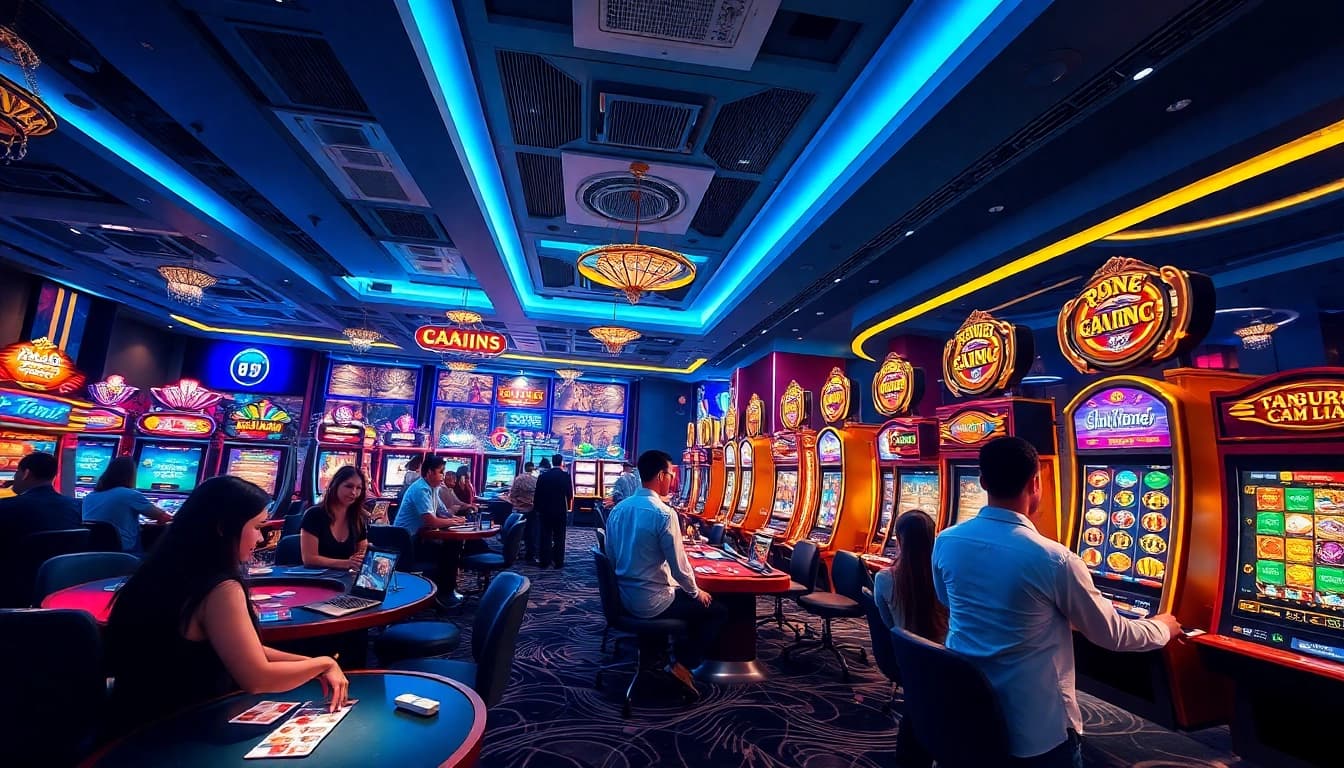 Engaged players enjoying various games at Thiên đường cờ bạc Nhatvip, showcasing excitement and a modern gambling atmosphere.