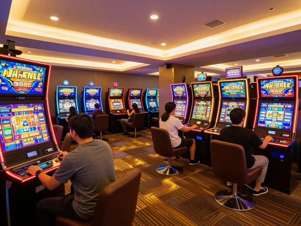 Players enjoying vibrant slot machines at an upscale casino, highlighting the Qh88 link for exciting online gaming.