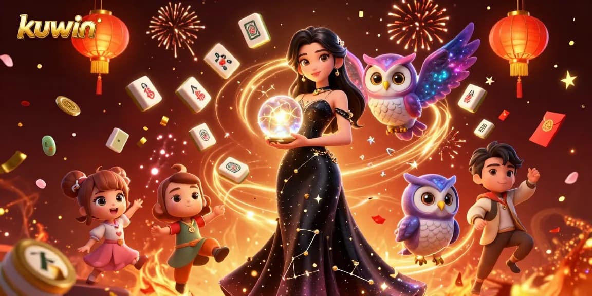 Kuwin offers engaging casino experiences with a magical woman and mystical owl in a vibrant setting.