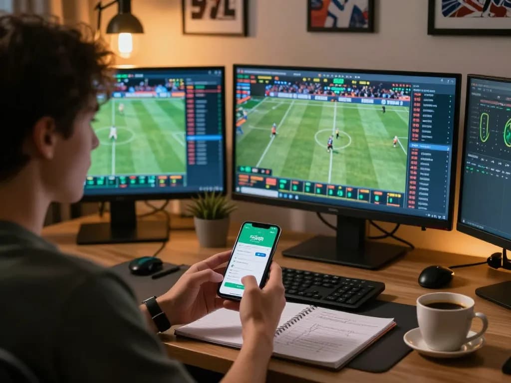 Nohu90 user engaging in live sports betting action on smartphone in a cozy workspace.