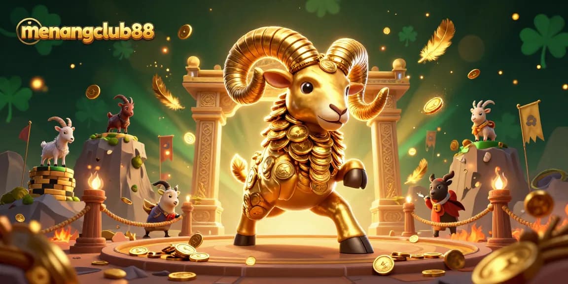 menangclub88 showcases a golden ram charging through an ornate gambling arena filled with coins and excitement