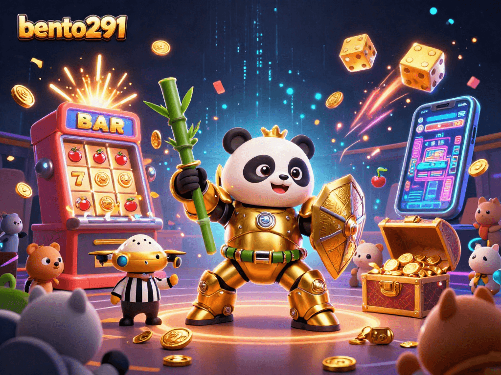 Bento291 showcases an epic jackpot scene with a golden panda and a thrilling slot machine explosion.