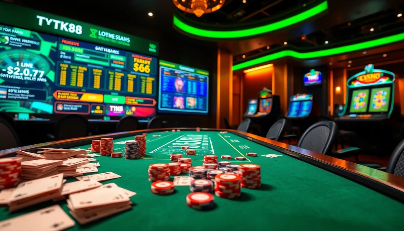 Experience the excitement of tk88 with vibrant casino elements like poker chips and live gaming screens.