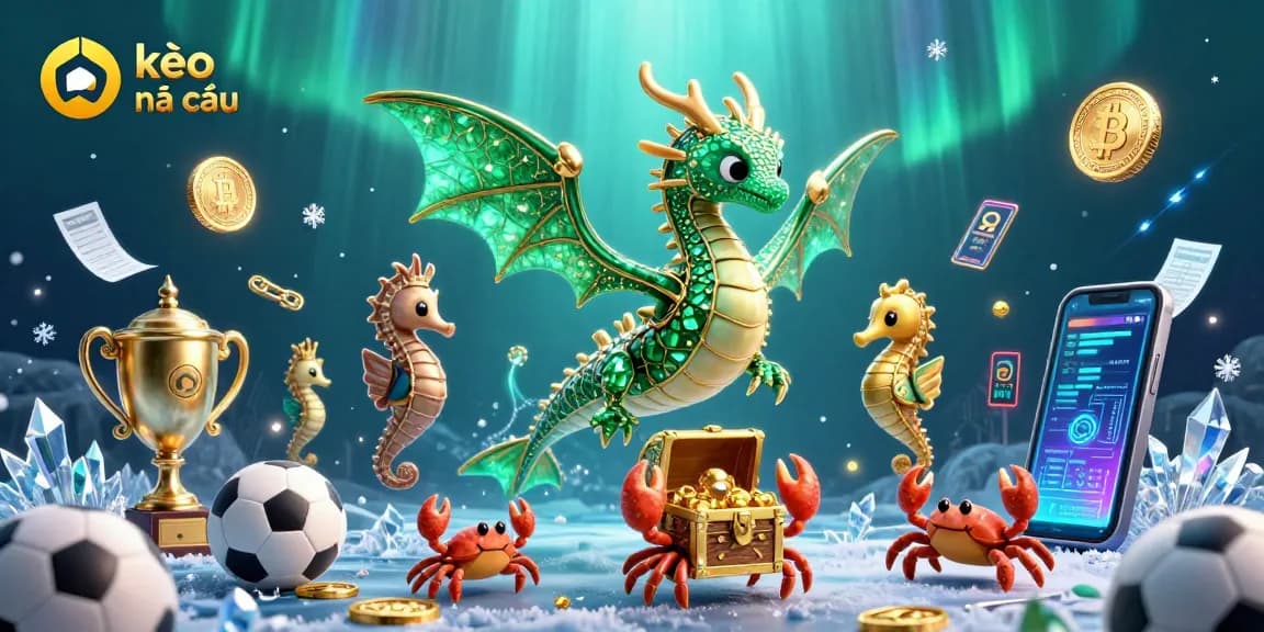 Engage with the kèo nhà cái scene featuring a leafy sea dragon amidst sports betting elements highlighted by neon coins.
