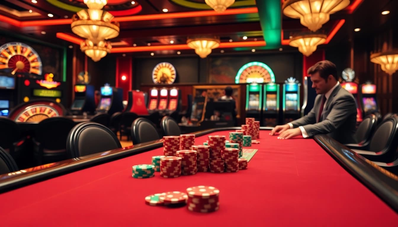 High-stakes poker action at a casino featuring PXJ casino games and vibrant poker chips.