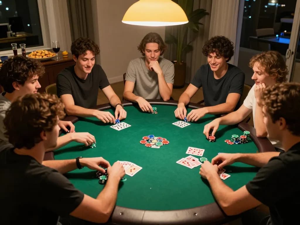 Friends enjoy a lively poker night as they strategize around the table on pageonelit.