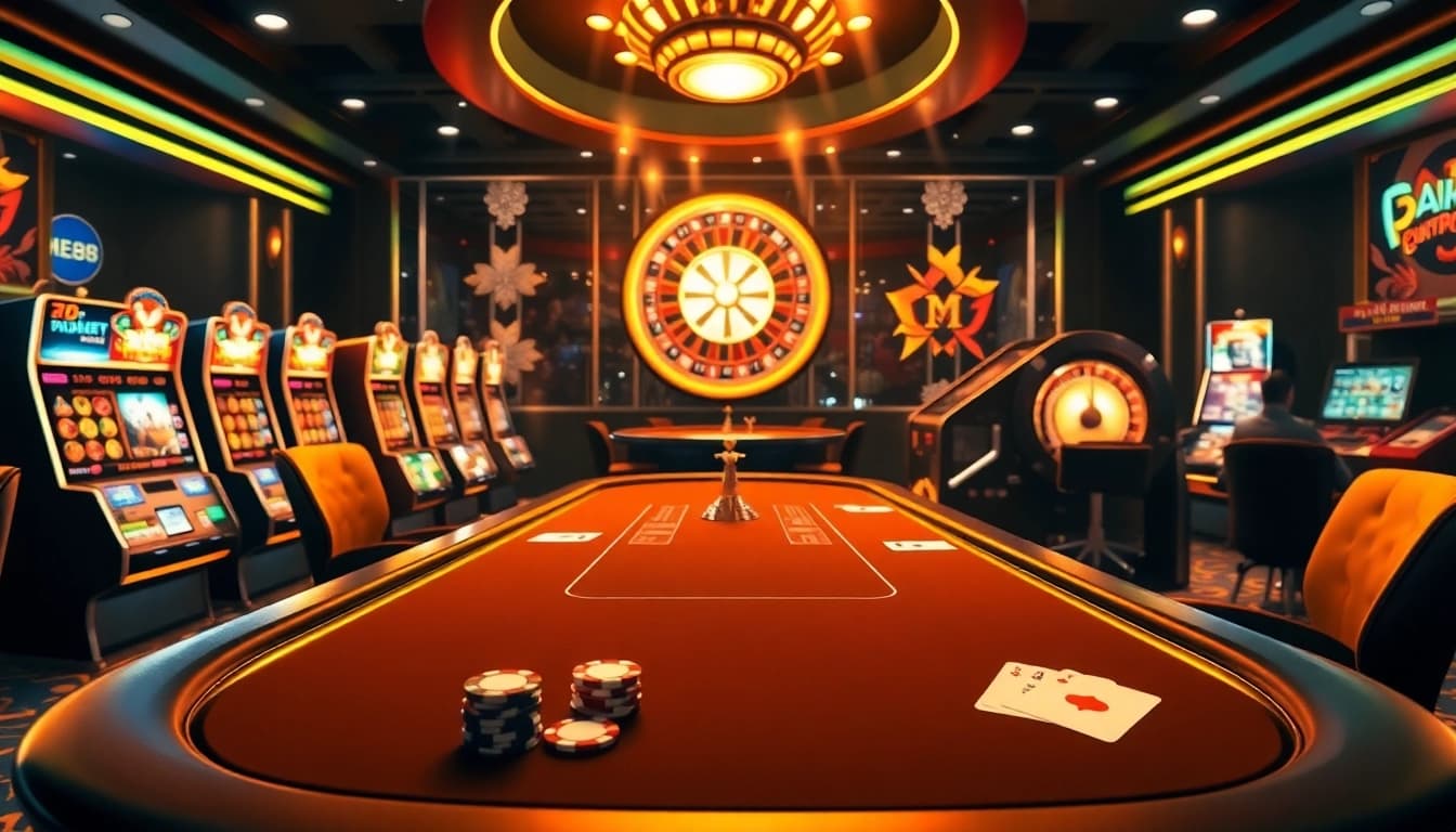 ME88 casino scene featuring intense poker action and vibrant atmosphere with slot machines.