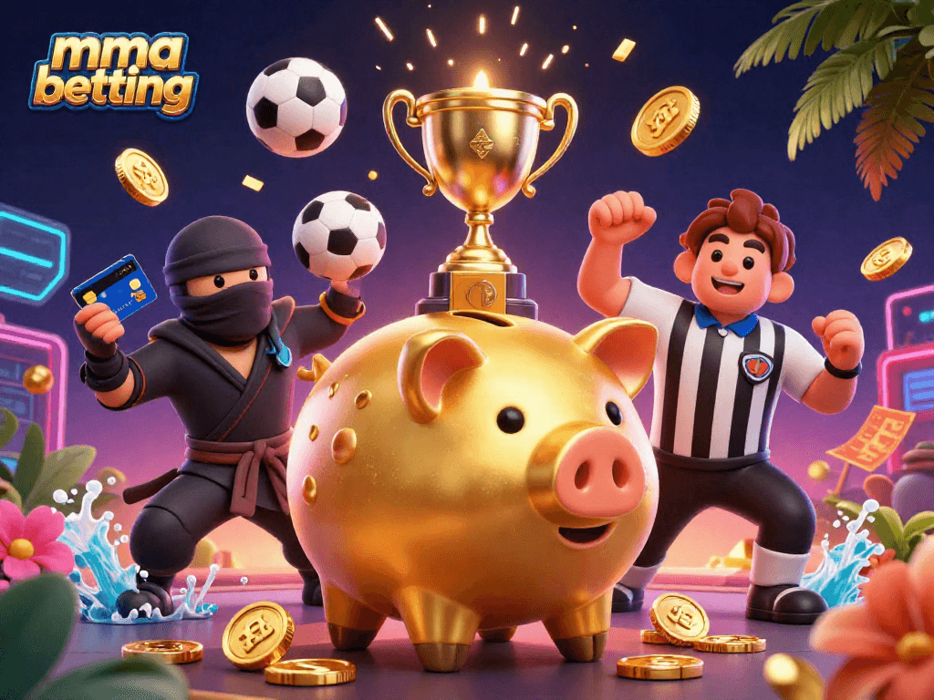 MMA betting scene with a piggy bank sumo wrestler and colorful sports elements flying around for dynamic visuals.
