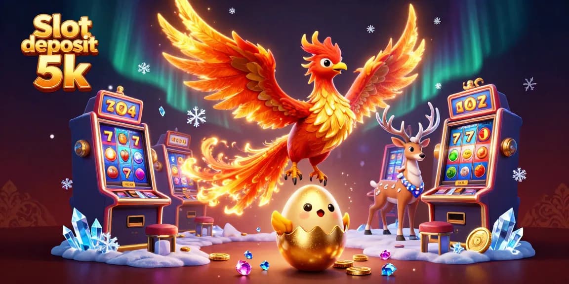 Engage with Slot deposit 5k illustrated scene showing vivid slot machines and characters.