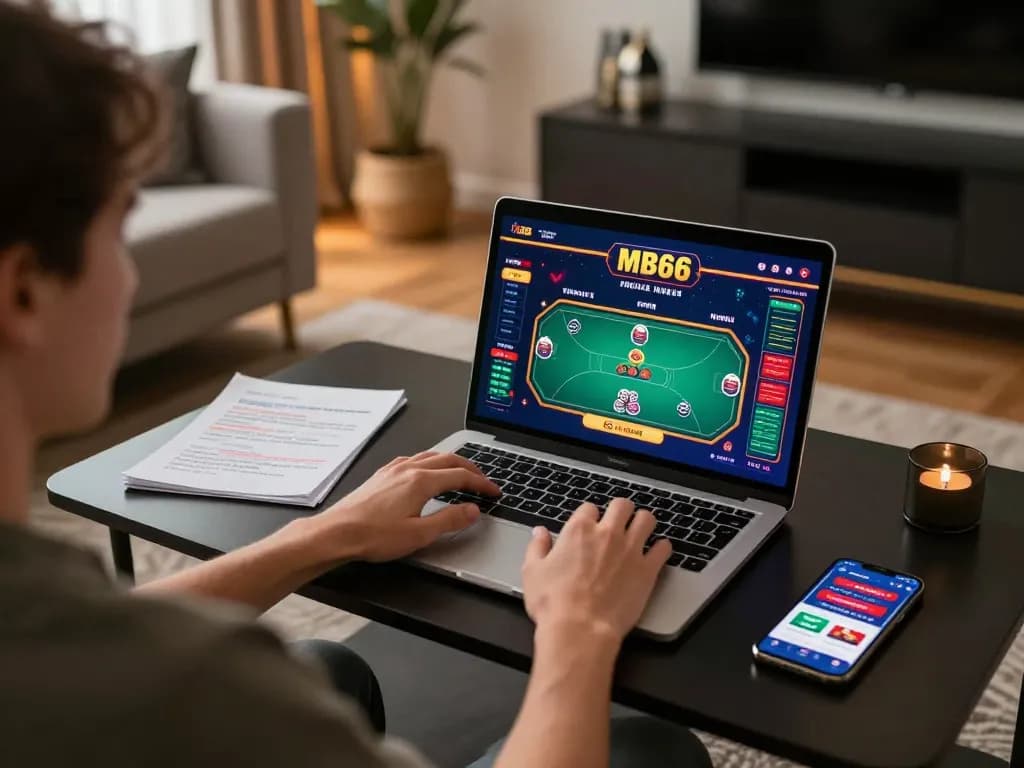 Engaging gameplay on MB66 online casino laptop with dynamic poker interface in a cozy modern setting