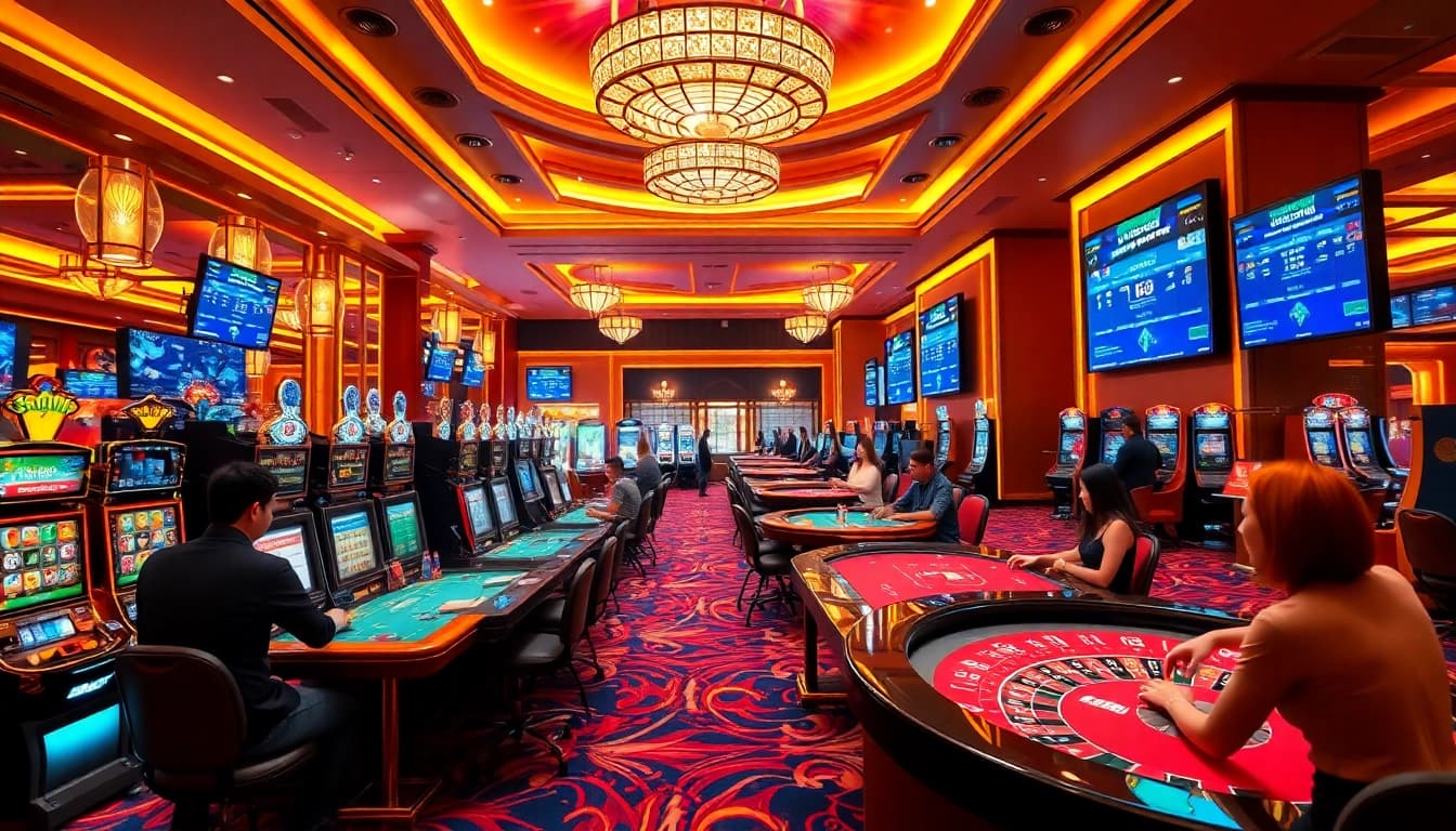 Players enjoying poker and baccarat at a luxurious casino, highlighting 98Win's vibrant gaming atmosphere.