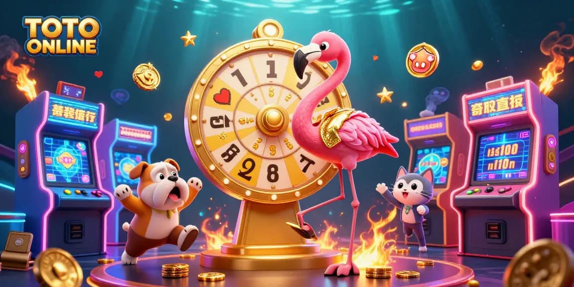 Exciting TOTO ONLINE game show scene with animated characters and casino elements