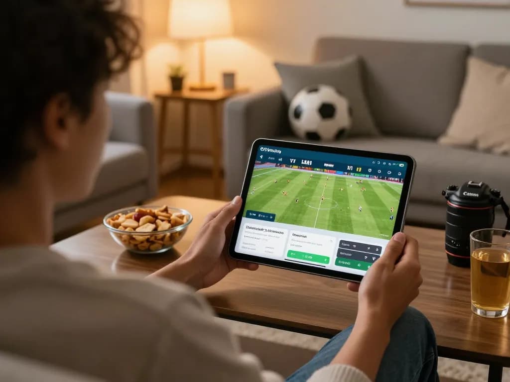 View of a user streaming live football on Okwintv, demonstrating the mobile app interface in a cozy home setting.