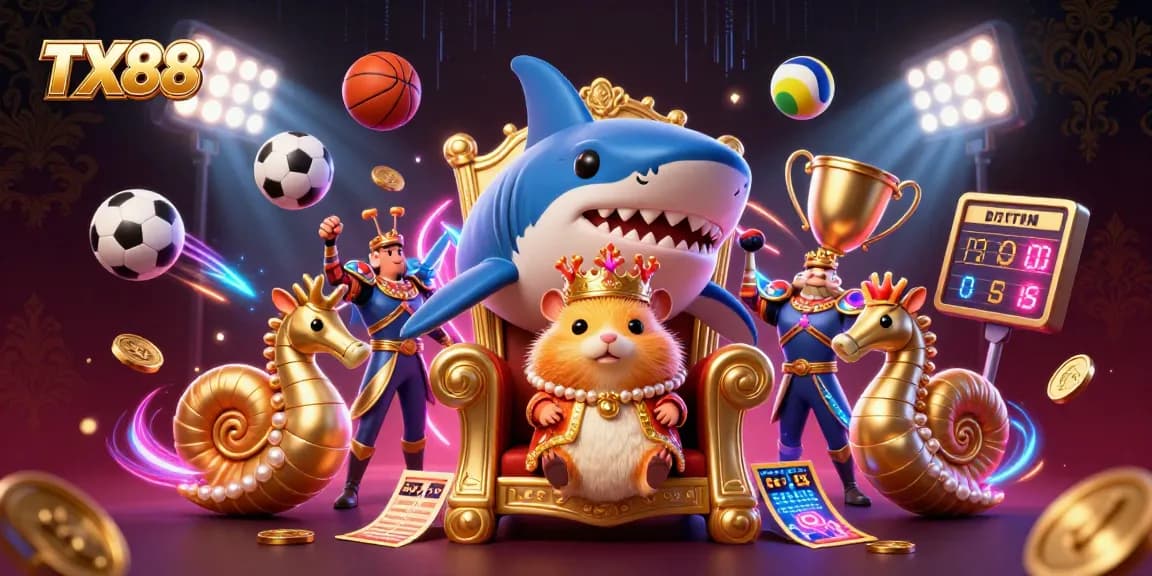 Bet on TX88 with a vibrant 3D illustration showcasing the fierce hamster king and dynamic sports elements.