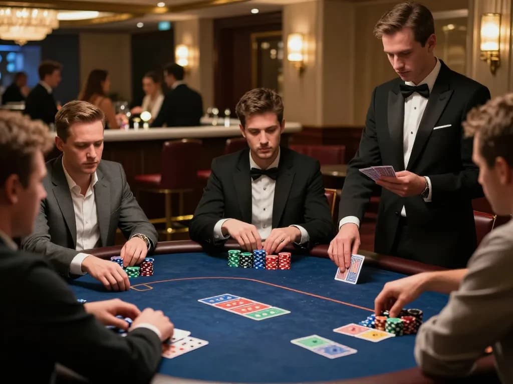 Players strategizing bets at a poker table in 555win casino, showcasing intense competition and luxury atmosphere.