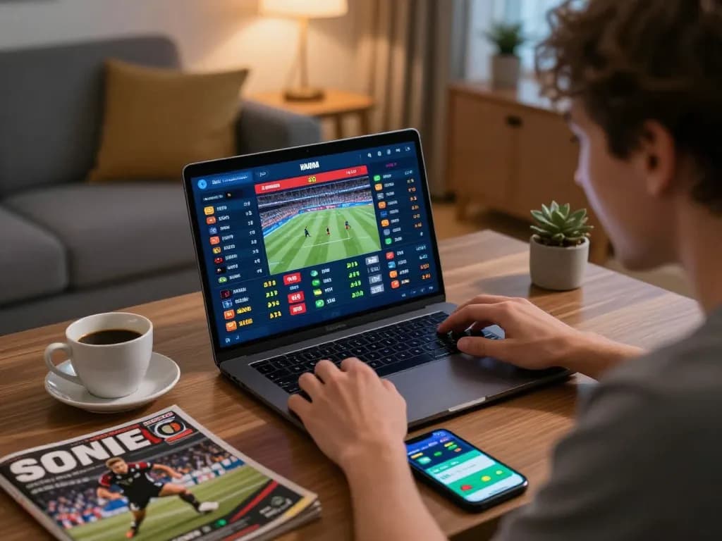 Enthusiastic gambler using o8 for sports betting in a cozy home setup with engaging visuals.