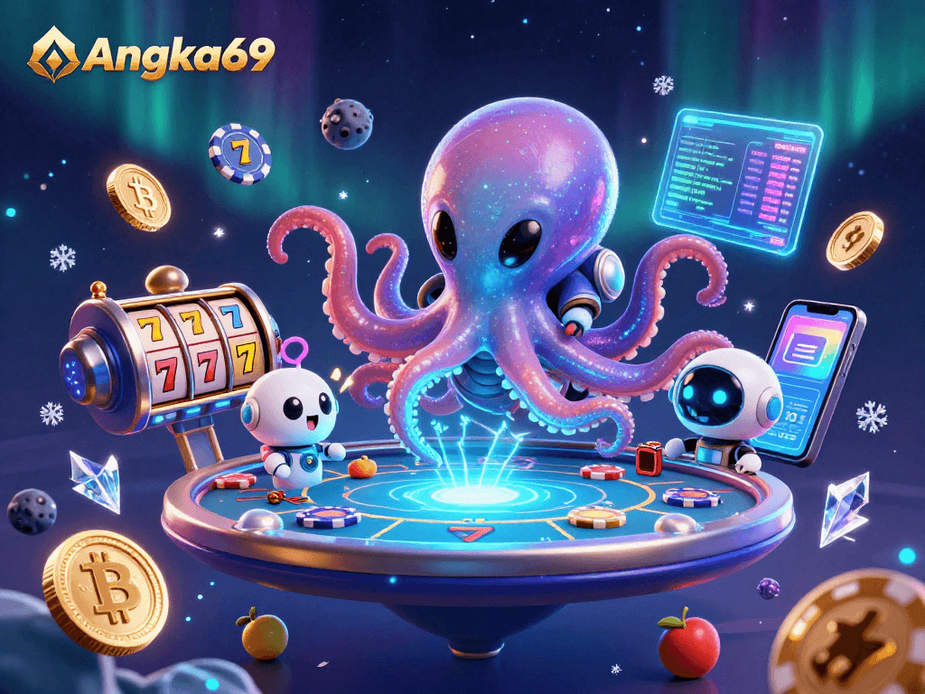 Experience the immersive gameplay of Angka69 with the alien octopus at a vibrant slot table.