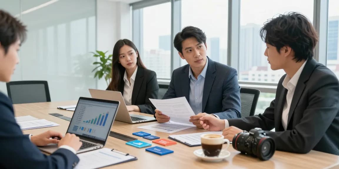 Team collaborates in a modern office to buy a small business with documents and laptops.