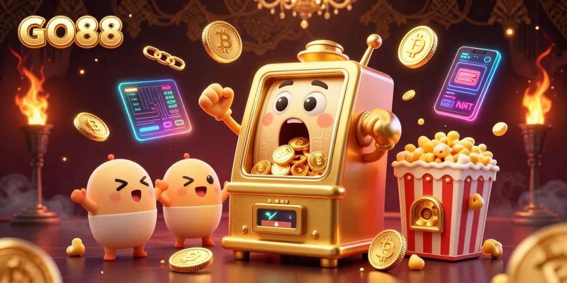 GO88 slot machine celebrates a jackpot, surrounded by crypto coins and vibrant casino elements.