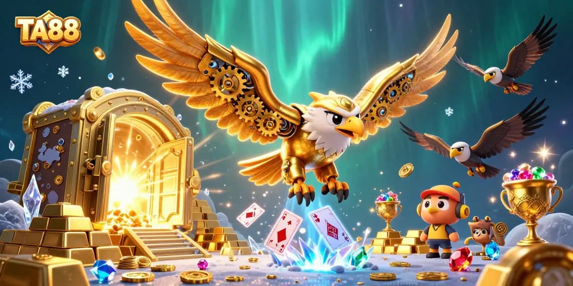 Experience the thrill of TA88 with a cybernetic eagle amidst a vibrant casino treasure scene.