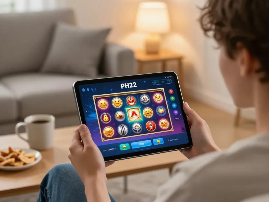 Player using the PH22 app for online slots in a cozy living room