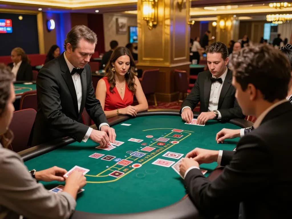 Players at a blackjack table experiencing strategic gameplay at MB66 casino, dealer in action.