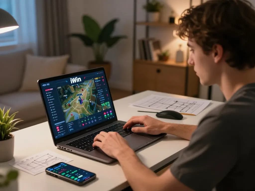Engaging in strategic online gaming with iWin on laptop, showcasing a home setup.