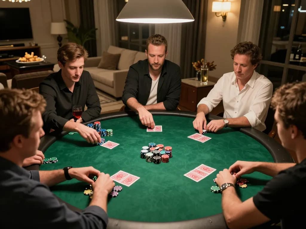 Engaging poker game night with F168 chips and cards set in a warm home atmosphere.