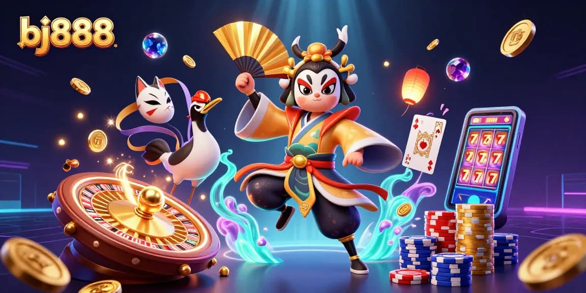 Engage in thrilling action on bj888 with dynamic casino elements, winning coins, and vibrant character art.