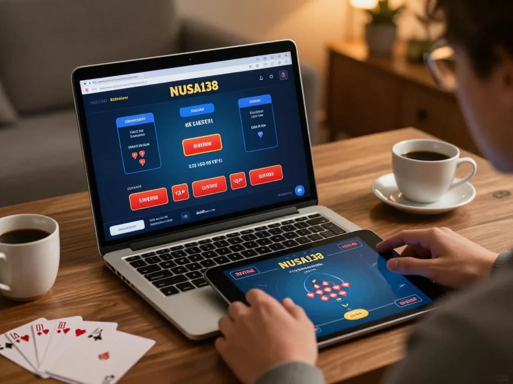 Aplikasi NUSA138 menampilkan permainan poker online strategis di meja kerja yang nyaman di rumah.