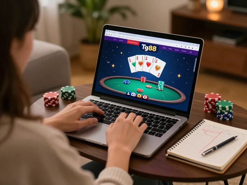 Tg88 link showcasing an engaging online poker game on a laptop in a cozy home setting.