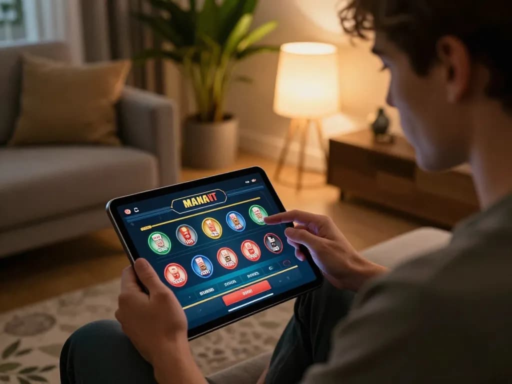 32win user analyzing gameplay on tablet, showcasing online casino options in a cozy environment