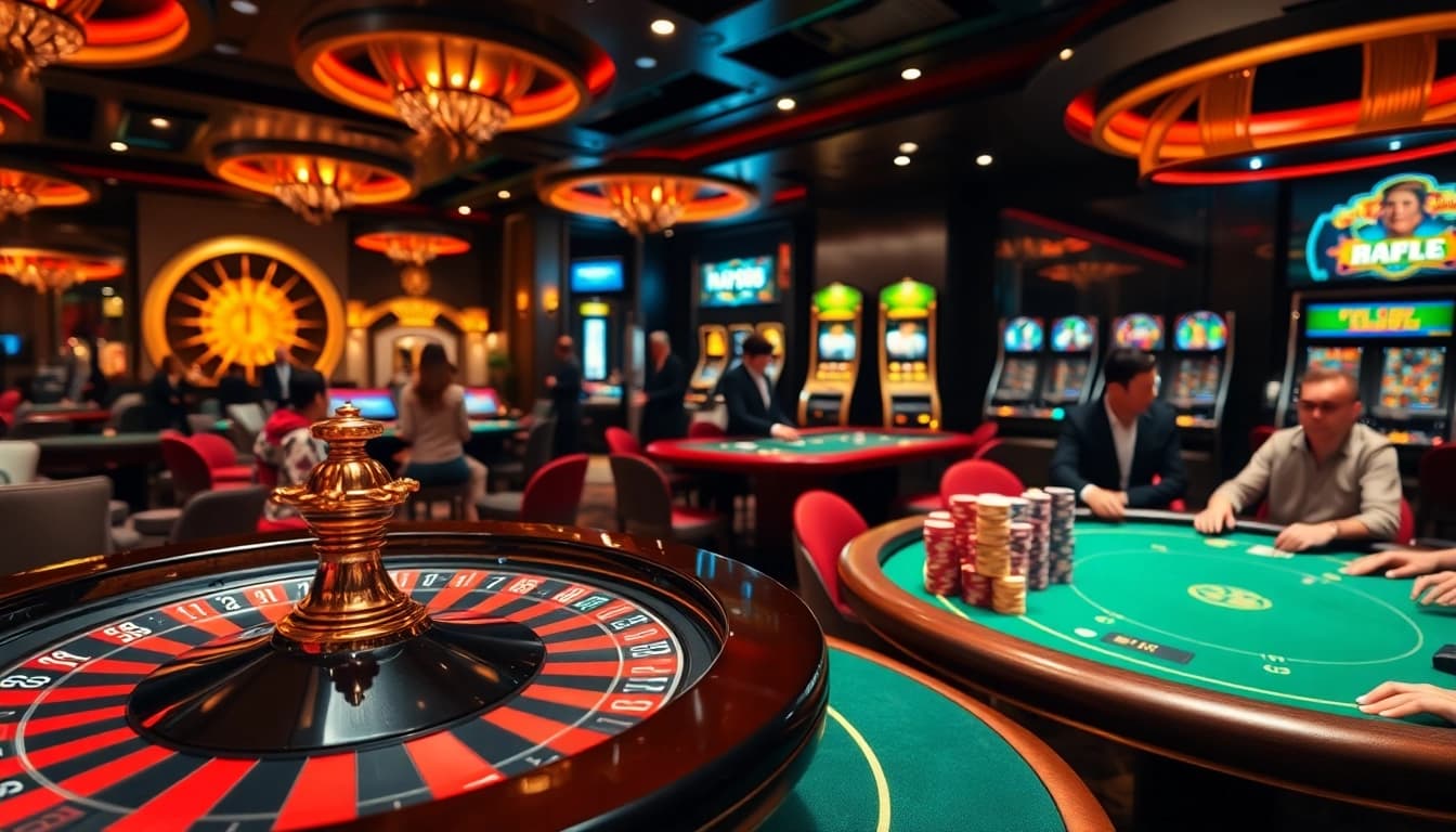 Engage in thrilling casino games at Hay88, showcasing vibrant poker chips and roulette wheels.