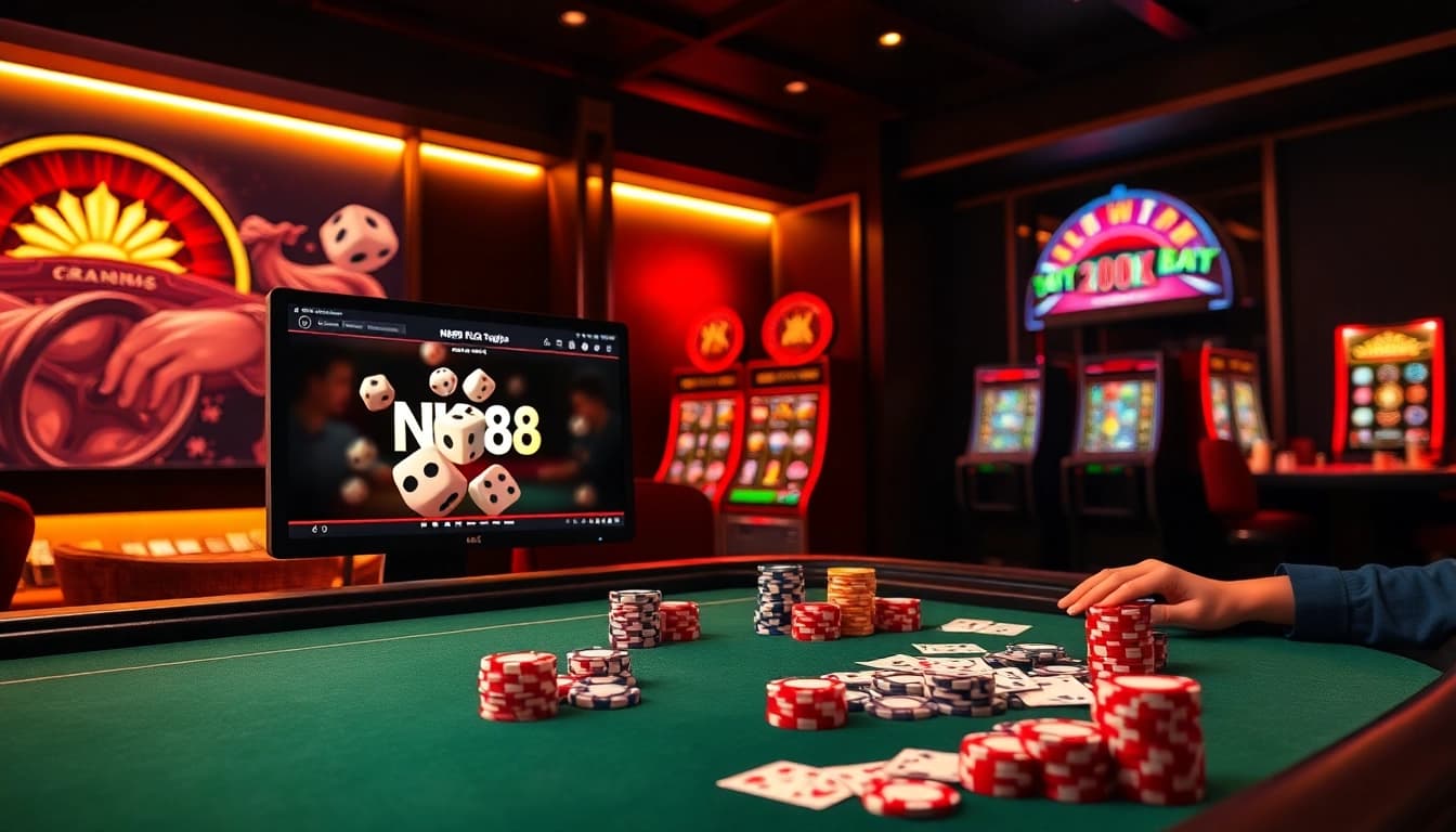 NK88 online casino scene with poker table, slot machines, and vibrant gaming atmosphere.