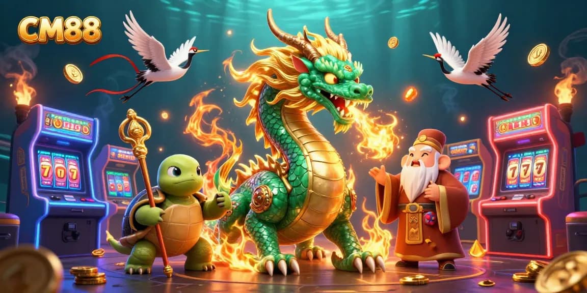 Experience thrilling gameplay at CM88 with a vibrant 3D casino scene featuring dragons and lucky cranes.
