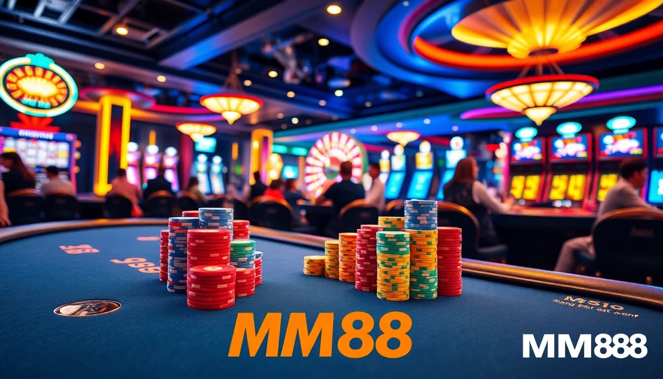 Exciting MM88 casino scene with poker tables, colorful chips, and roulette wheels in action.