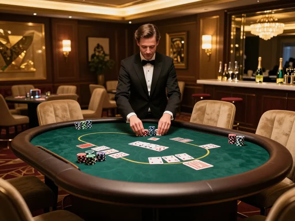 Experience the thrill of KJC poker in an upscale VIP gaming area with strategic gameplay in action.