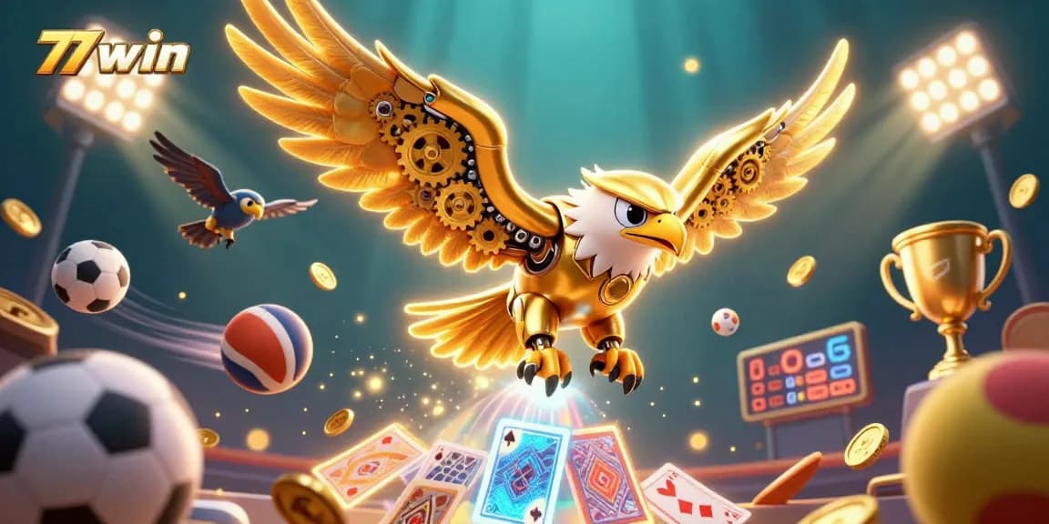 77win's unique 3D casino experience showcases a golden eagle and dynamic sports elements for bettors.